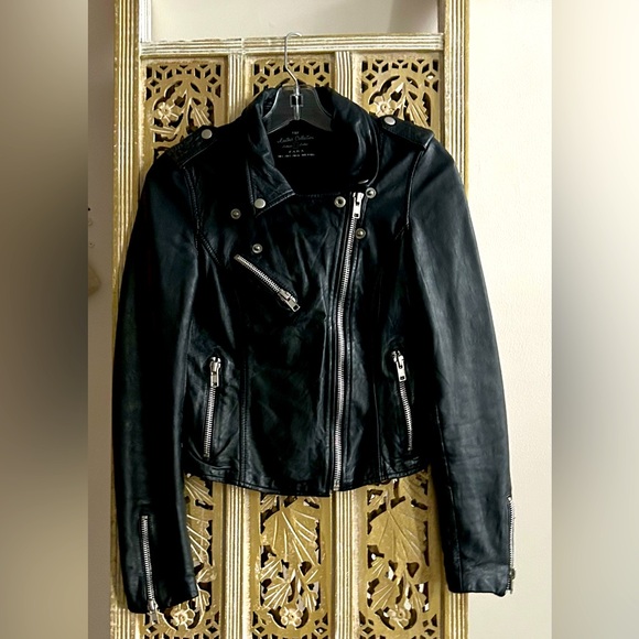 Zara TRF Moto leather jacket Silver zip details, Genuine Leather Sz Small Biker - Picture 5 of 8